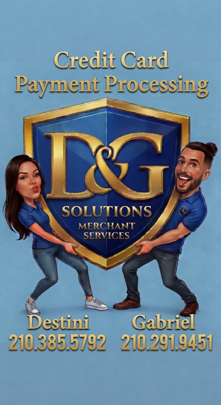 Servant Merchants brand art: Destini and Gabriel holding the D&G Solutions Merchant Services shield